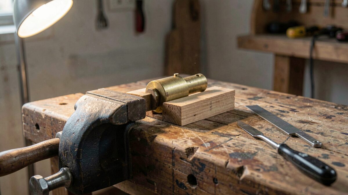 Un établi de serrurier en bois usé, un cylindre de laiton serré entre deux plaques de bois tendre dans un étau à mors lisses, une lime et un tournevis posés à côté, lumière rasante d'une lampe d'atelier venant de la gauche, cadrage serré sur l'étau.